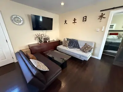 a living room with a couch and a tv at 1 bd guest house in LA perfect for long term stay in Los Angeles