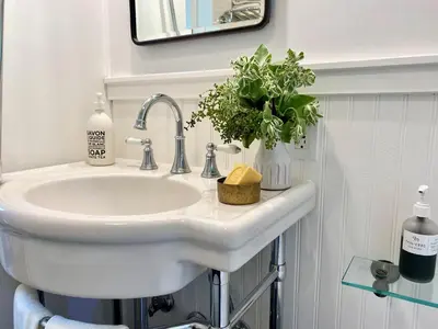 a bathroom sink with a plant on top of it at Zen Treehouse Retreat-Great Views & Peaceful Decks in Los Angeles