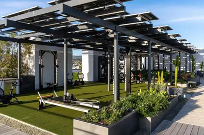 a gym on the roof of a building with plants at The Diamond Dune - Upscale 3 Level 4BR Terrace Santa Monica in Los Angeles