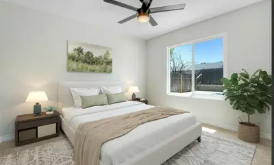 a white bedroom with a bed and a window at Lancaster Pool Home in Lancaster