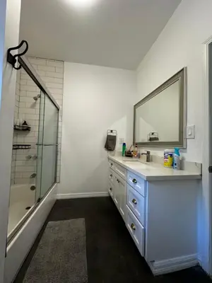 a bathroom with a sink and a mirror and a shower at Green House in Los Angeles