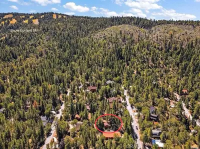 an aerial view of a house in the middle of a forest at The Nest On Towne Trail - Hot Tub, BBQ, Fire Pit in Big Bear Lake