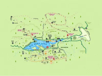 a map of a park with roads and attractions at The Nest On Towne Trail - Hot Tub, BBQ, Fire Pit in Big Bear Lake