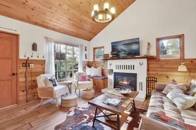 a living room with a couch and a fireplace at The Nest On Towne Trail - Hot Tub, BBQ, Fire Pit in Big Bear Lake
