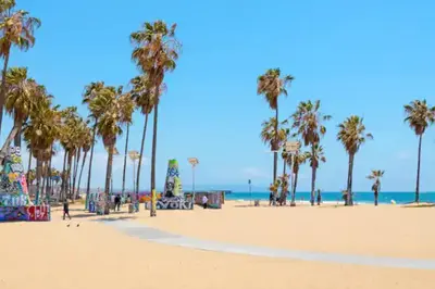 a beach with palm trees and the ocean at Studio, 5 minutes to Venice Beach Free Parking! in Los Angeles