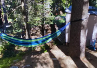 a blue and blue hammock hanging from a tree at Bugsy's Hideout in Lake Arrowhead