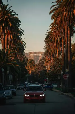 a car driving down a street with palm trees at Hollywood CHIC Studio with FREE parking in Los Angeles