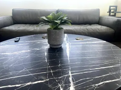 a black marble table with a potted plant on it at Luxe Corner One Bedroom, Prime Hollywood with Parking in Los Angeles