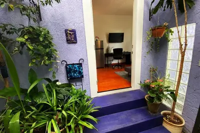 a door to a room with plants on the stairs at Lovely one bedroom guest house in Encino village in Los Angeles