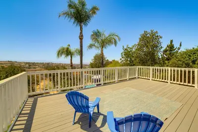 a deck with two chairs and a palm tree at Pet-Friendly Riverside Retreat with Private Spa! in Riverside