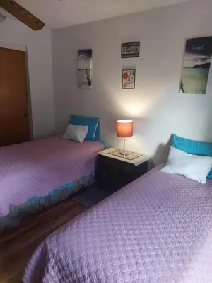 two beds sitting next to each other in a room at Lyons lovely house in Hesperia