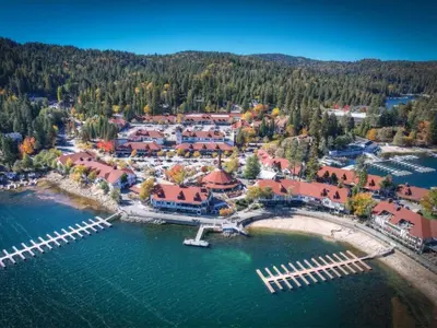an aerial view of a resort on a lake at Quiet Mountain Cabin in Lake Arrowhead
