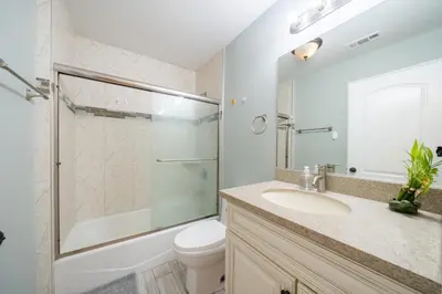 a bathroom with a sink and a shower and a toilet at 17-19ppl BTW Dsny Hllywd GarageParking Yard Grill in Monterey Park
