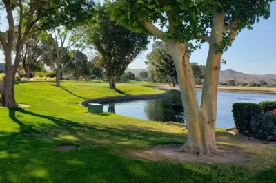 a park with a pond and trees and a river at Silver Lakes Oasis with Resort Style Amenities in Helendale
