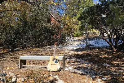 a guitar sitting on a bench in a park at Hideaway at Gingerbread Gardens in Twin Peaks