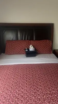 a bed with a black headboard and red pillows at Oasis Hm near Rancho Vista- Shared Hm in Palmdale