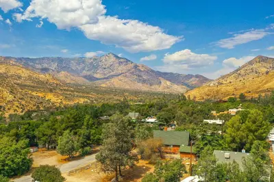 an aerial view of a town with mountains in the background at Idyllic Home in Kernville with Private Beach Access in Kernville