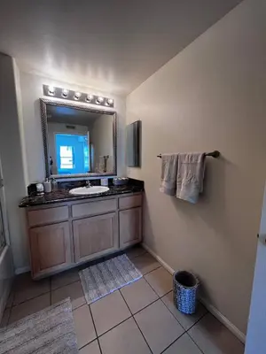 a bathroom with a sink and a large mirror at SoCal Lux on Miramar in Los Angeles