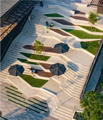 an overhead view of a park with umbrellas and stairs at SoCal Lux on Miramar in Los Angeles