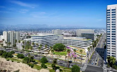 an aerial view of a city with a large building at 15 City View Santa Monica in Los Angeles