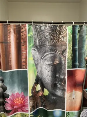 a shower curtain with a picture of a head at Cozy spot in Koreatown in Los Angeles