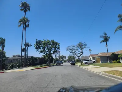 a street with palm trees in a residential neighborhood at Westside Retreat w Yard, Grill, Hot Tub, Near Sofi Stadium, LAX, and the Beach in Los Angeles