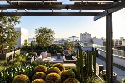 an outdoor patio with cacti and plants on a roof at The Rose Quartz - Rooftop Pool, Gym Glamorous Santa Monica 2BR in Los Angeles