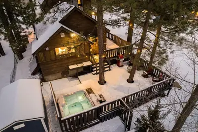 an aerial view of a log cabin in the snow at Dream Catcher Retreat in Big Bear Lake