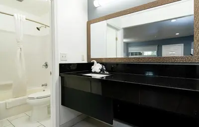 a bathroom with a black sink and a mirror at Colonial Palace Inn in Downey