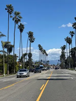a street with cars driving down a street with palm trees at Loft Style,2 Beds ,Flexible self check in,Pool in Marina del Rey
