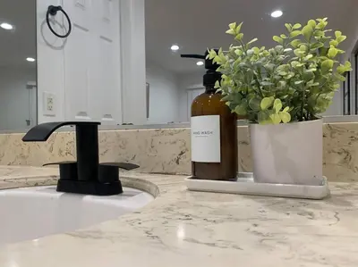 a kitchen counter with a bottle of wine and a potted plant at Spacious House, Central, All Amenities in Harbor City