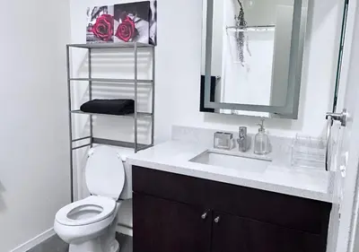 a bathroom with a toilet and a sink and a mirror at 1 br spacious in Hollywood in Los Angeles