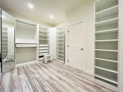 a walk in closet with green and white shelves at Huge Family House Vacation Villa VIEW Pool King Bedroom in Walnut