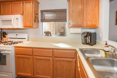 a kitchen with wooden cabinets and a bear in the window at Comet's Cabin in Big Bear Lake
