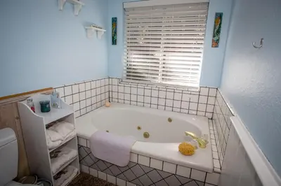 a bathroom with a bath tub with a window at Majestic Pines in Big Bear Lake