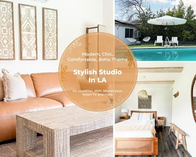 a living room with a couch and a table at Charming Studio Oasis with Pool Near SoFi - MKLAD4 in Los Angeles