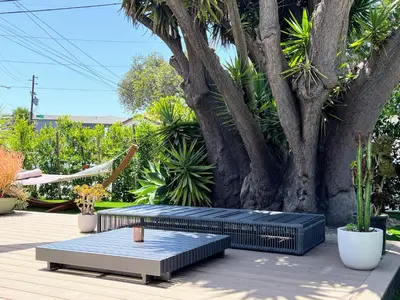three benches sitting on a deck next to a tree at Sunny 1BR with Large Outdoor Lounge Space - SH4LAD in Los Angeles