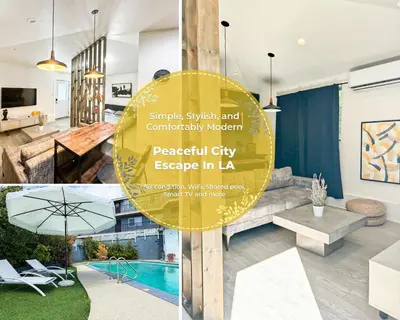 a collage of photos of a living room and a house at Charming Poolside ADU Near SoFi Stadium - MK3LAD in Los Angeles