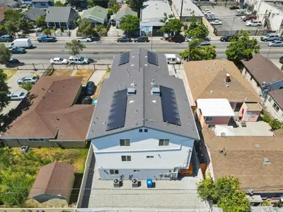 an aerial view of a house with a roof at Modern Bedroom in Los Angeles