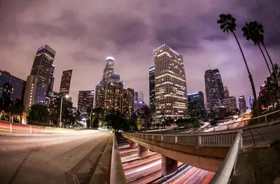 a view of a city at night with buildings at Urban 1-bedroom Apartment in Los Angeles