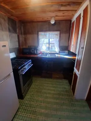 a small kitchen with a stove and a sink at Cabin 33, 3 bedroom 2 bath in Big Bear Lake