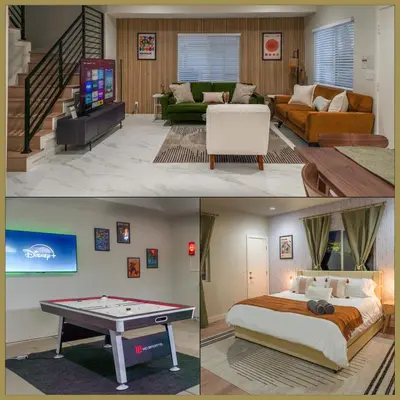 two pictures of a living room with a bed and a pool table at Disneyland Retreat Fun Family Unit w Game Room, King Beds & EV Friendly - Sleeps up to 14 in Midway City