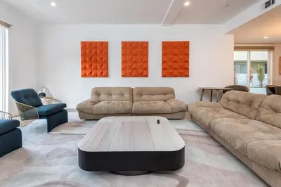 a living room with couches and a coffee table at Stunning 3-BR Residence with Free Parking & Patio in Los Angeles