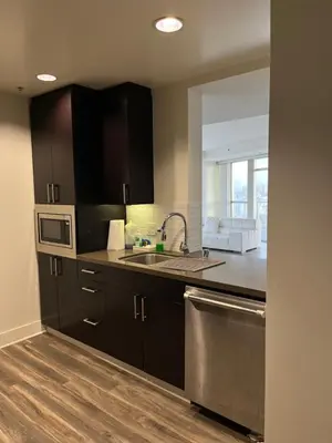 a kitchen with black cabinets and a stainless steel sink at NoHo in Los Angeles