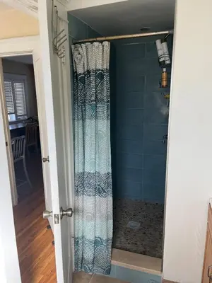 a shower with a shower curtain in a bathroom at Cozy One Bedroom Apartment in Los Angeles
