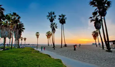 a group of people walking on a beach with palm trees at 2BD 2BTH Apartment in Marina Del Rey - Free Parking - 20 mins to LAX in Los Angeles
