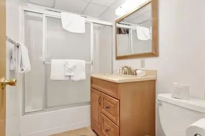 a bathroom with a shower and a sink and a mirror at Inspiration Point Retreat by Big Bear Vacations in Big Bear Lake