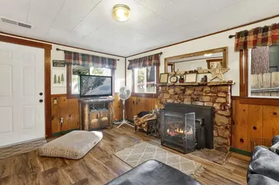 a living room with a fireplace and a tv at Green Squirrel Chateau by Big Bear Vacations in Big Bear Lake