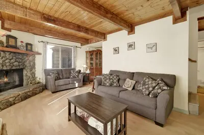 a living room with a couch and a fireplace at Aeroplane Gambrel Chalet- Adorable Airport Retreat Cottage in Big Bear City