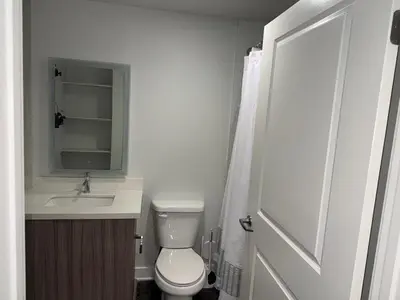 a bathroom with a toilet and a sink and a mirror at Vibrant unit in Griffith in Glendale